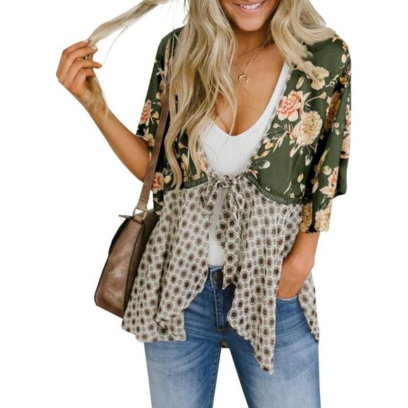 Womens Floral Kimono Cardigan Ruffle Sleeve Lightweight Boho Tie Cover Up Small - Picture 1 of 9